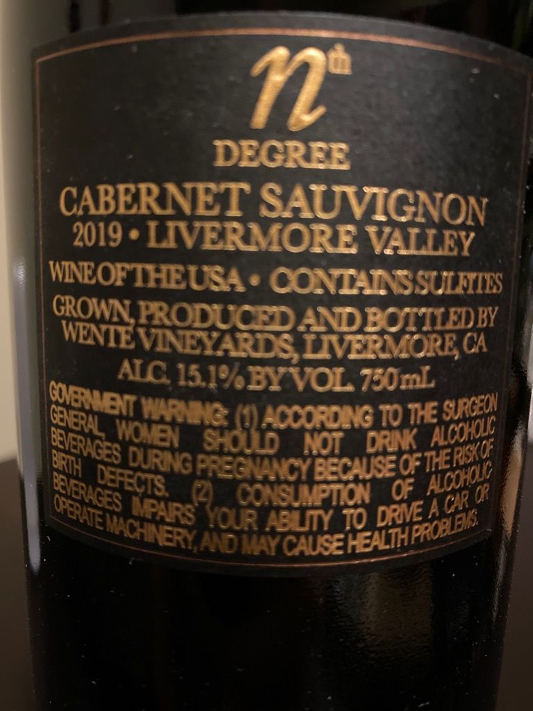 2019 Wente Vineyards Cabernet Sauvignon Nth Degree, USA, California ...