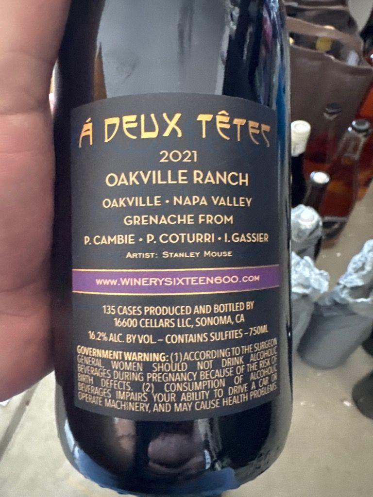 2022 Sixteen 600 Grenache À Deux Têtes Oakville Ranch - CellarTracker