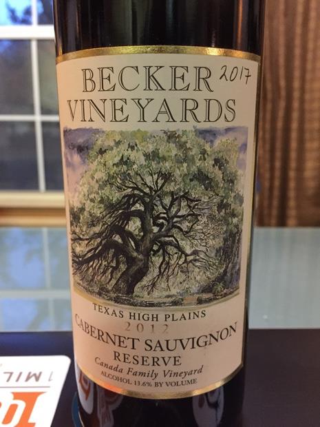 2012 Becker Vineyards Cabernet Sauvignon Reserve Canada Family Vineyard ...