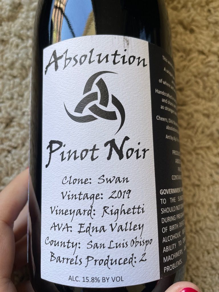 2021 Absolution Cellars Pinot Noir Swan Clone Righetti, USA, California