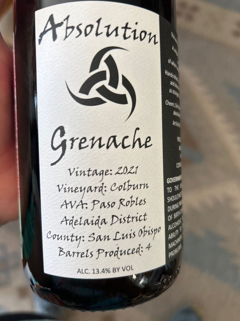 2021 Absolution Cellars Grenache Colburn, USA, California, Central ...